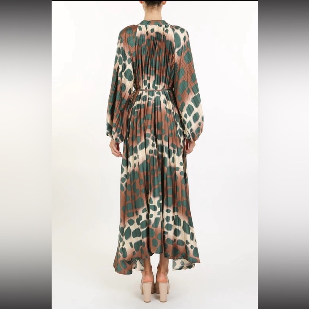 Green Modest Leopard Cheetah Print Pleated Long-Sleeve Maxi Relaxed Fit Dres M-L - Picture 6 of 16